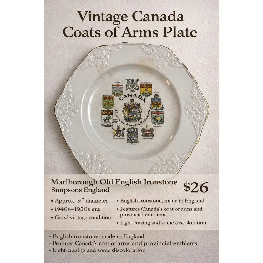 Vintage Canada Coats of Arms Plate Marlborough Old English Ironstone Simpsons En
